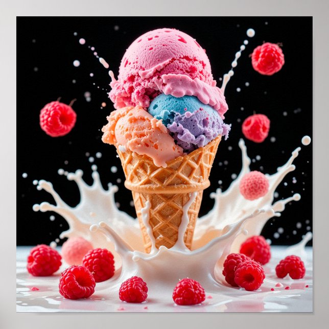 Colourful Ice Cream Cone with Splashing Milk Poster (Front)