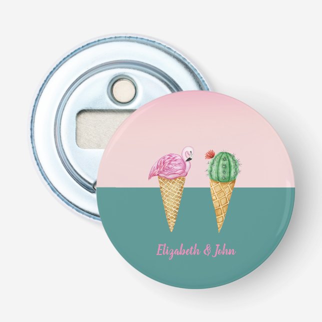 Colourful Ice Cream Cones Cactus Pink Flamingos Bottle Opener (Front)