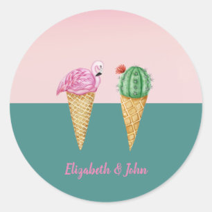 Colourful Ice Cream Cones Cactus Pink Flamingos Classic Round Sticker