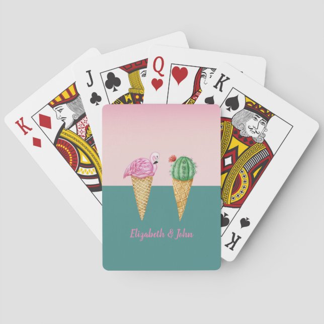 Colourful Ice Cream Cones Cactus Pink Flamingos Playing Cards (Back)