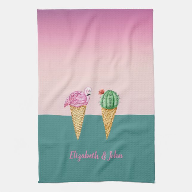Colourful Ice Cream Cones Cactus Pink Flamingos Tea Towel (Vertical)
