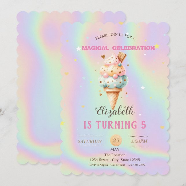 Colourful Ice cream Holographic Birthday Invitation (Front/Back)