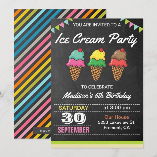 Colourful Ice Cream Kids Birthday Party Invitation (Front/Back)