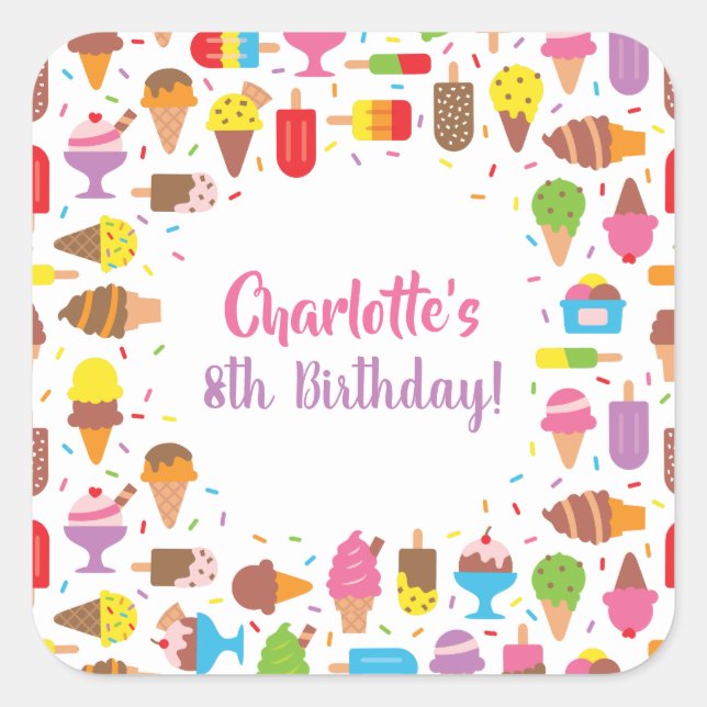 Colourful Ice Cream Pattern Birthday Party Sticker (Front)
