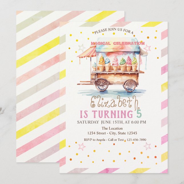 Colourful Ice Cream Truck Striped Birthday Invitation (Front/Back)