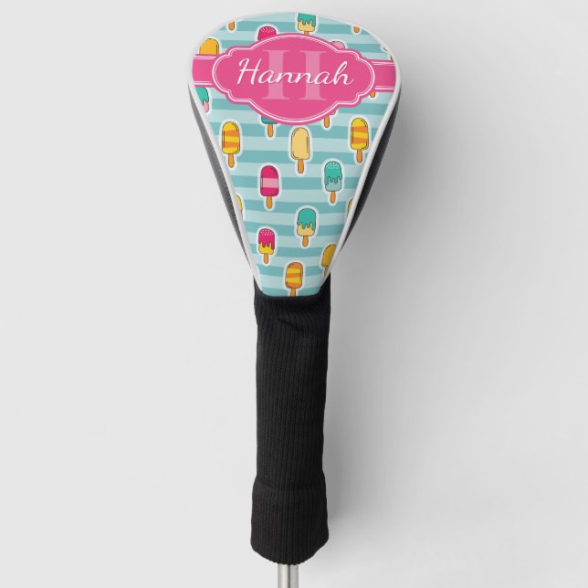 Colourful Ice Pop Pattern with Pink Monogram Golf Head Cover (Front)