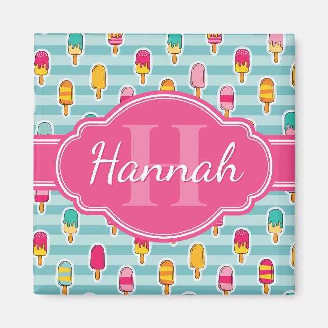 Colourful Ice Pop Pattern with Pink Monogram Magnet (Front)