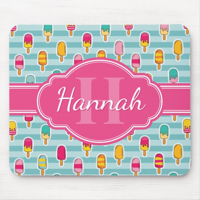 Colourful Ice Pop Pattern with Pink Monogram Mouse Mat (Front)