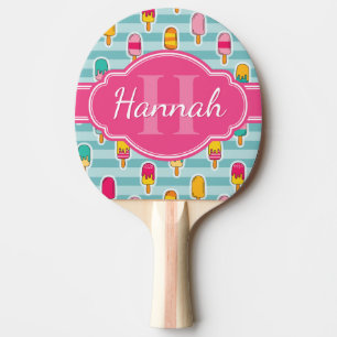 Colourful Ice Pop Pattern with Pink Monogram Ping Pong Paddle
