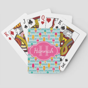Colourful Ice Pop Pattern with Pink Monogram Playing Cards