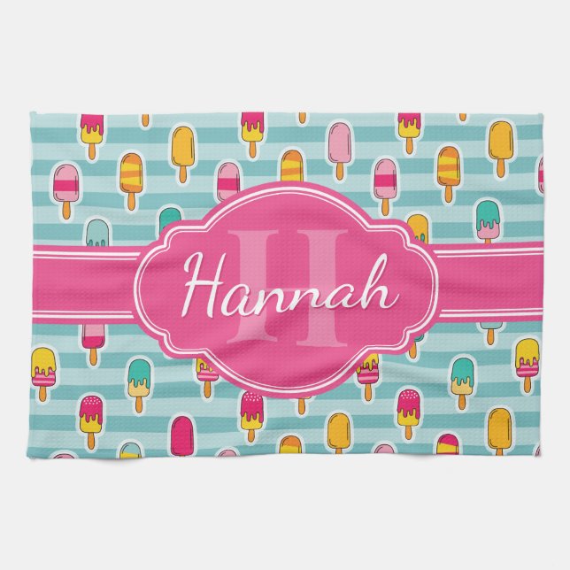 Colourful Ice Pop Pattern with Pink Monogram Tea Towel (Horizontal)