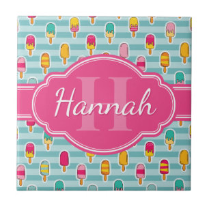 Colourful Ice Pop Pattern with Pink Monogram Tile