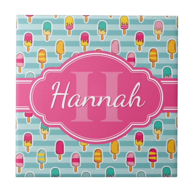 Colourful Ice Pop Pattern with Pink Monogram Tile (Front)