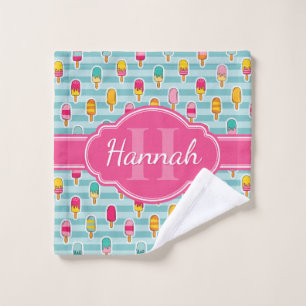 Colourful Ice Pop Pattern with Pink Monogram Wash Cloth