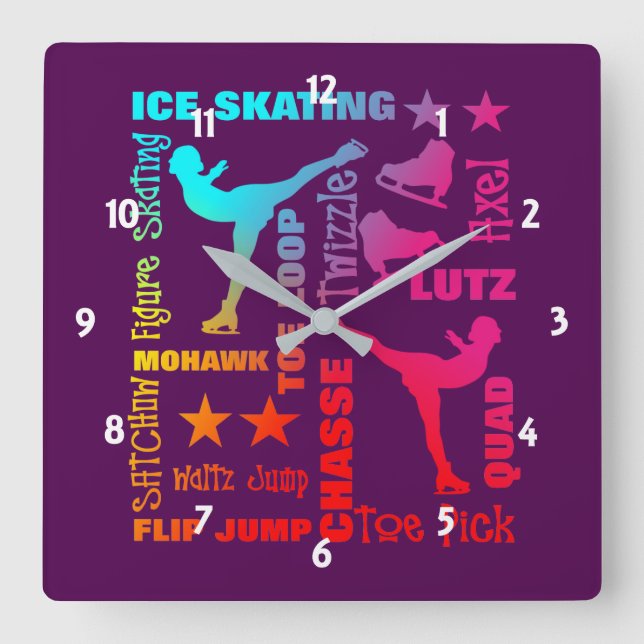 Colourful Ice Skating Theme Terminology Typography Square Wall Clock (Front)