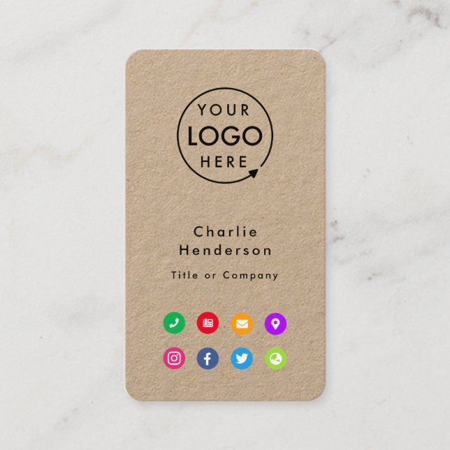 Colourful Icons | Social Media Rustic Kraft Logo Business Card (Front)