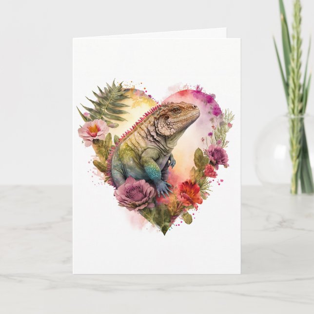 Colourful Iguana in Flowers Valentine's Day Holiday Card (Front)