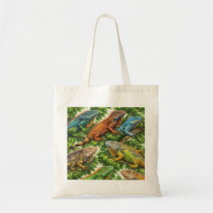Colourful Iguanas in Tropical Jungle Leaves Patter Tote Bag