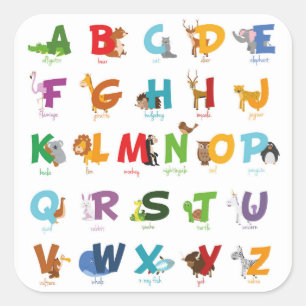 Colourful illustrated Animal Alphabet Letters Square Sticker