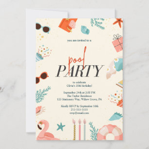 Colourful Illustrated Aquatic Summer Pool Birthday Invitation