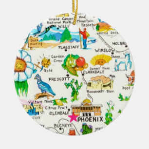 Colourful Illustrated Arizona Map Ceramic Tree Decoration