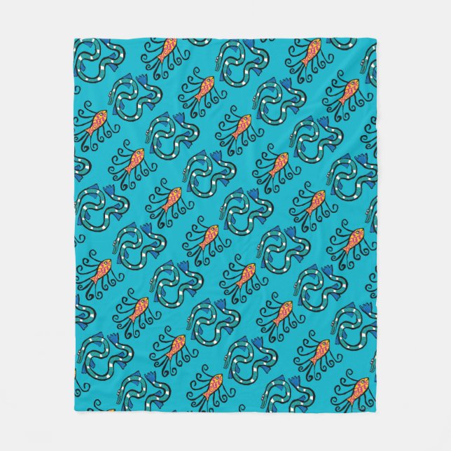 Colourful Illustrated Fish Friends Fleece Blanket (Front)