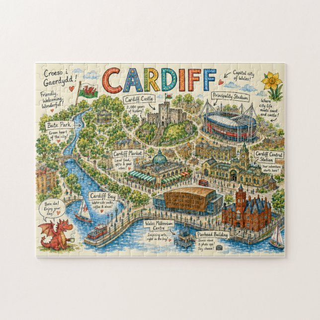 Colourful Illustrated Map of Cardiff Jigsaw Puzzle (Horizontal)