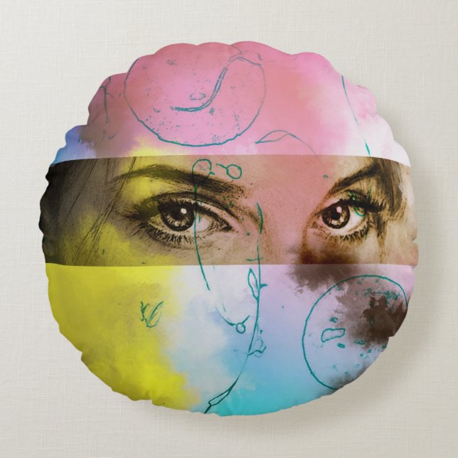 Colourful illustrated round pillow - Stare (Front)