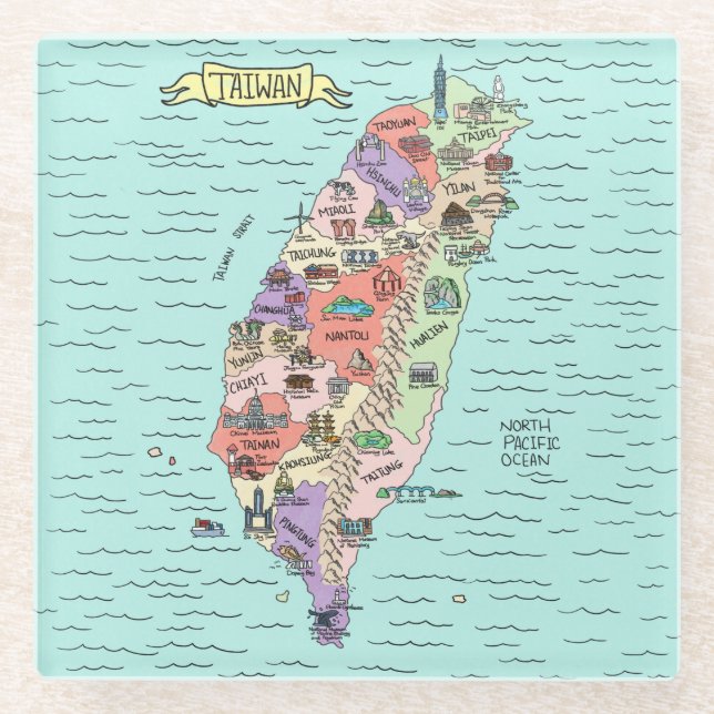 Colourful Illustrated Taiwan Map Glass Coaster (Front)