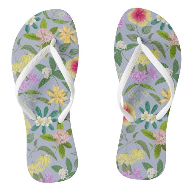 Colourful Illustrated Tropical Flowers Pattern Flip Flops (Footbed)