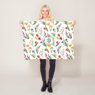 Colourful Illustrated Wildflowers Pattern Fleece Blanket