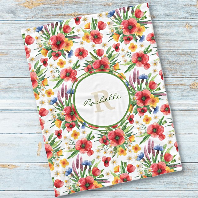 Colourful Illustrated Wildflowers, Poppies Pattern Fleece Blanket (Creator Uploaded)