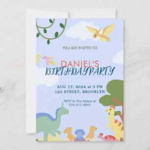 Colourful Illustration Cute Dinosaur Birthday Invitation