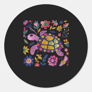 Colourful Illustration Of A Turtle Surrounded Classic Round Sticker