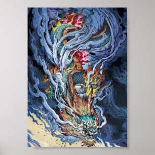 Colourful illustration of Chinese dragon, mythical Poster