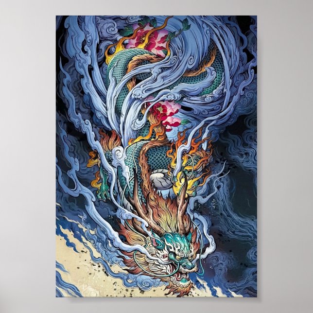 Colourful illustration of Chinese dragon, mythical Poster (Front)