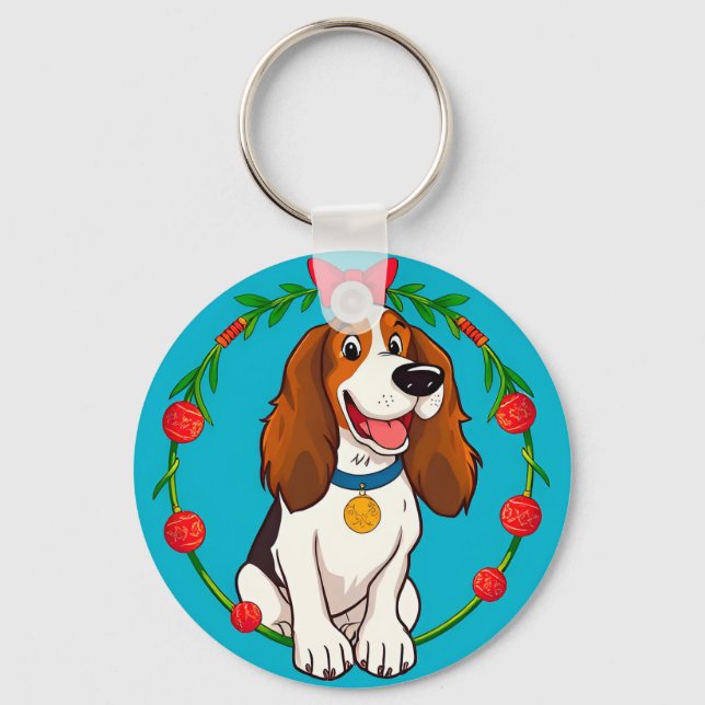 Colourful Illustration of Happy Dog Sitting Key Ring (Front)