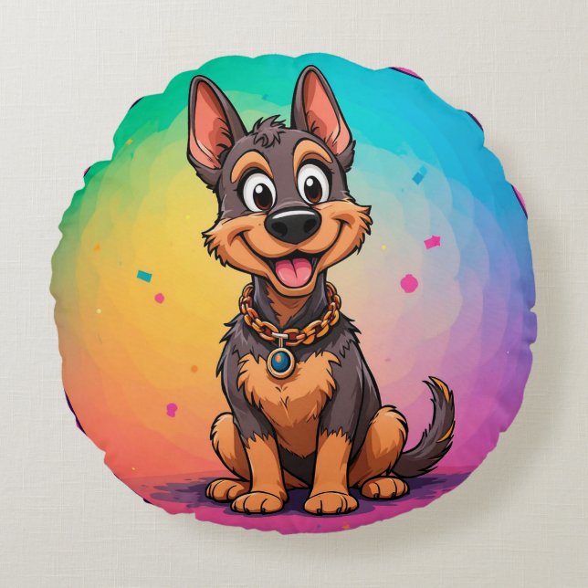 Colourful Illustration of Happy Dog Sitting Round Cushion (Front)