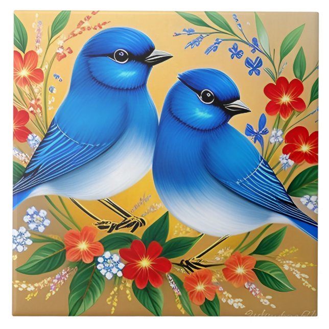 Colourful Illustration of Two Blue Birds Tile (Front)
