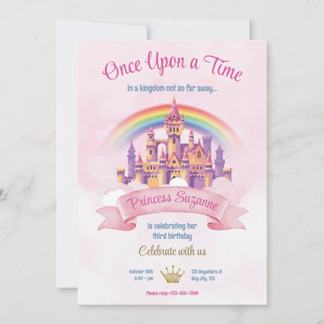 Colourful Illustrative Princess Birthday Party Invitation (Front)