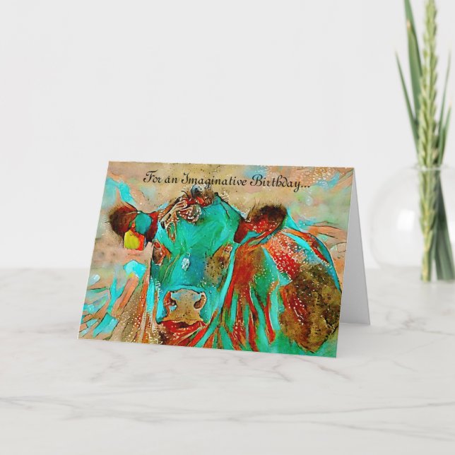 Colourful Imaginative Cow Birthday Card (Front)