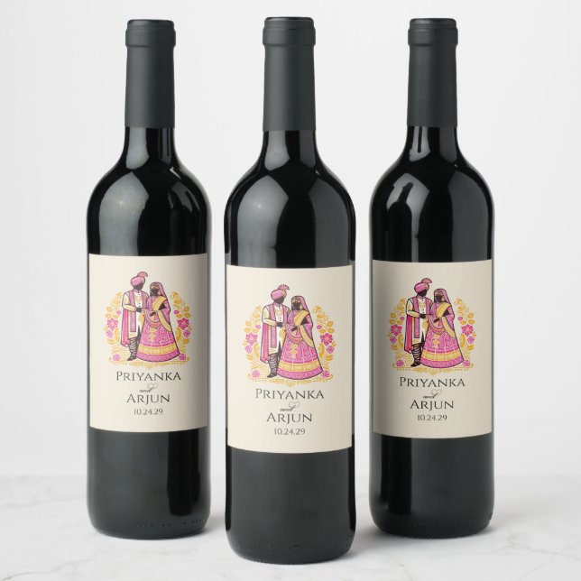 Colourful Indian Couple Wine Label (Bottles)