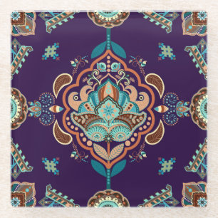 Colourful Indian Ornament, Geometric Border. Glass Coaster