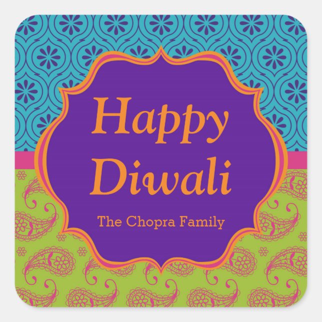 Colourful Indian Pattern Diwali Party Favour Square Sticker (Front)