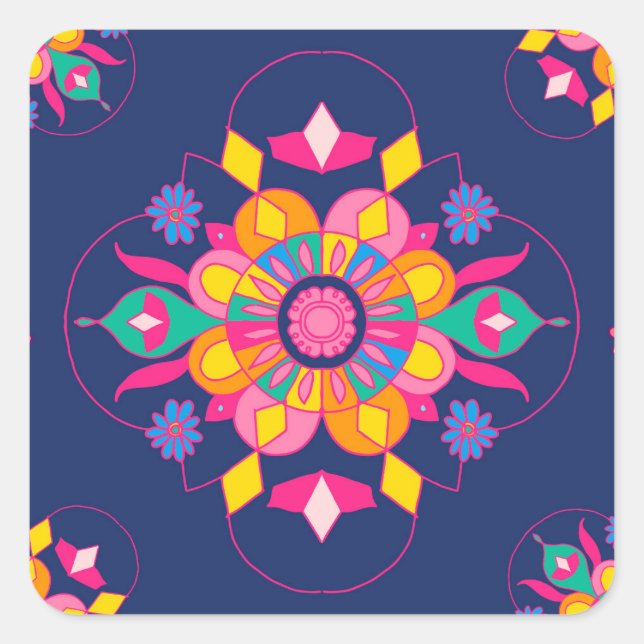 Colourful Indian Rangoli pattern Square Sticker (Front)