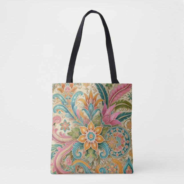 Colourful Indonesian Batik Floral Pattern Tote Bag (Front)