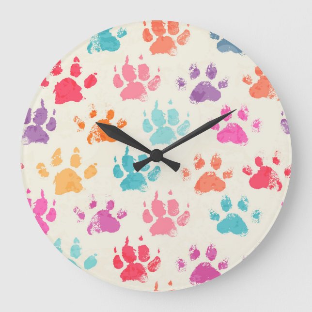 Colourful ink, messy dog paws large clock (Front)