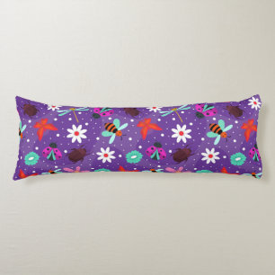 Colourful Insects and Flowers on a Purple Backgrou Body Cushion