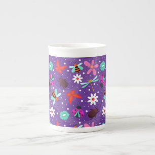 Colourful Insects and Flowers on a Purple Backgrou Bone China Mug