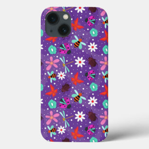 Colourful Insects and Flowers on a Purple Backgrou iPhone 13 Case
